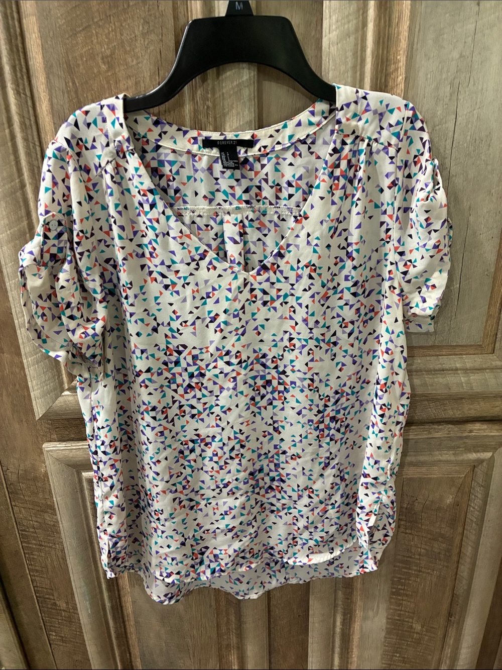 Forever 21 White Multicolor Geometric Print Short Sleeve Blouse